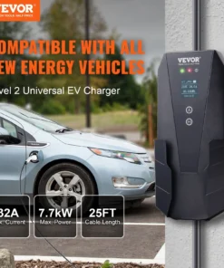 VEVOR Level 2 Portable EV Charger, 32 Amp 240V, Electric Vehicle Charger with 28 ft Charging Cable NEMA 14-50P Plug, 16/20/24/32A Adjustable Current Plug-in Home EV Charging Station for SAE J1772 EVs